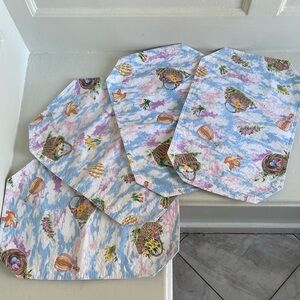 Bundle of 4 Vintage Easter Cloth Placemats Oval Tulips Basket Eggs Birds Clouds